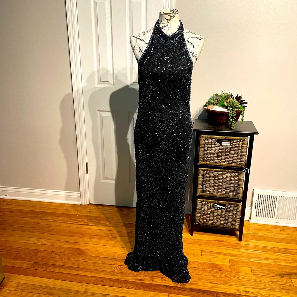 👹Scala Silk Sequins Vintage Embellished Halter Beads Backless Mermaid Formal XXL